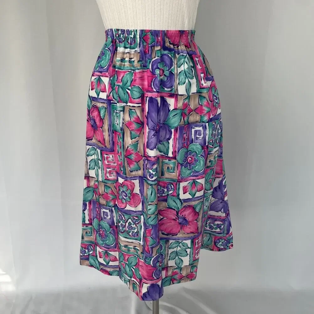 Vintage Midi Skirt Size Medium Pink Purple Floral Boho A Line Pull On Retro 90s